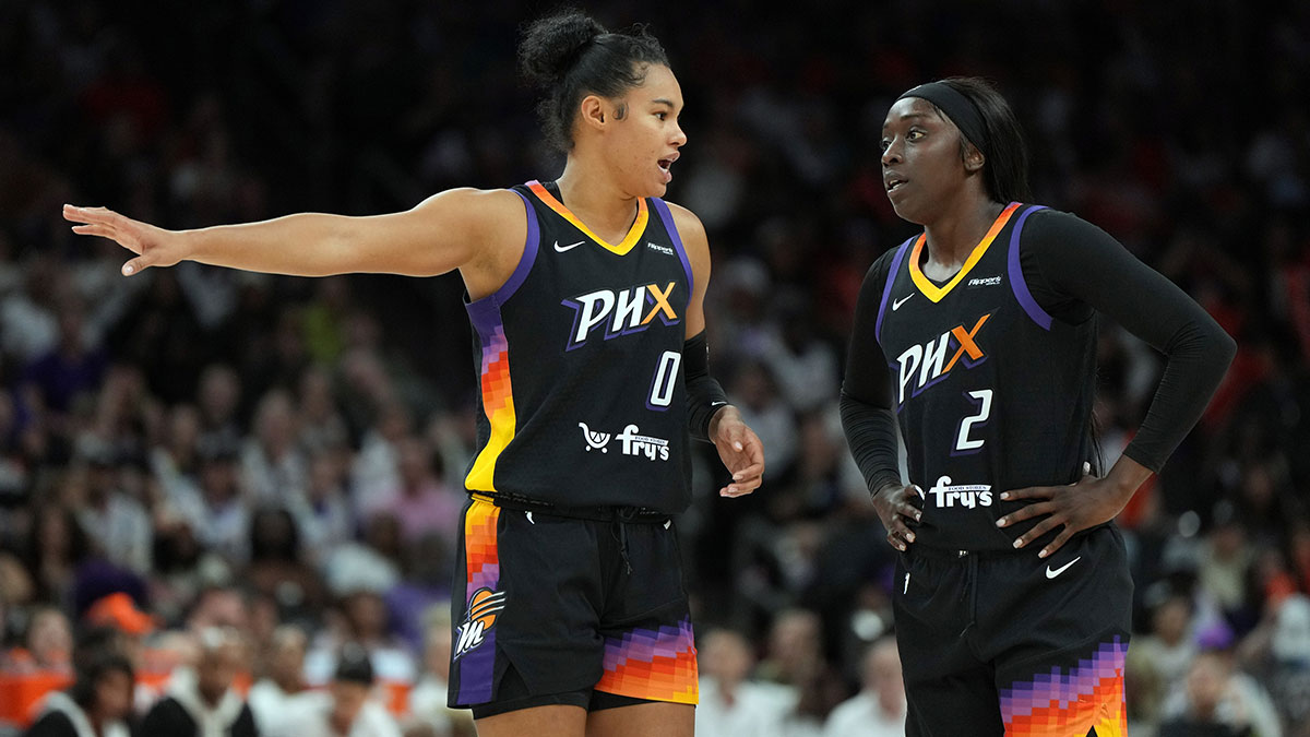 Phoenix Mercury forward Satou Sabally (0) and guard Kahleah Copper (2) talk against the Las Vegas Aces in the second half at Footprint Center.