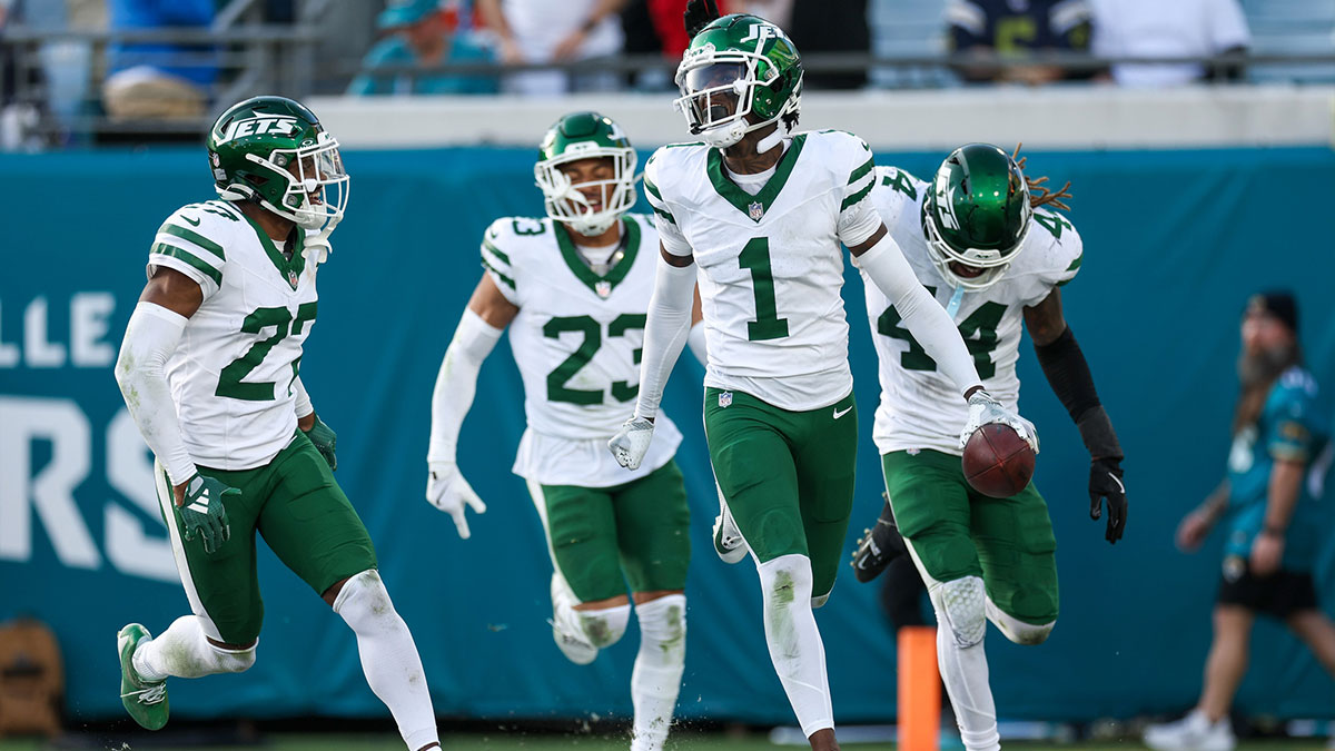 Dec 15, 2024; Jacksonville, Florida, USA; New York Jets cornerback Sauce Gardner (1) celebrates after an interception against the Jacksonville Jaguars in the fourth quarter at EverBank Stadium.
