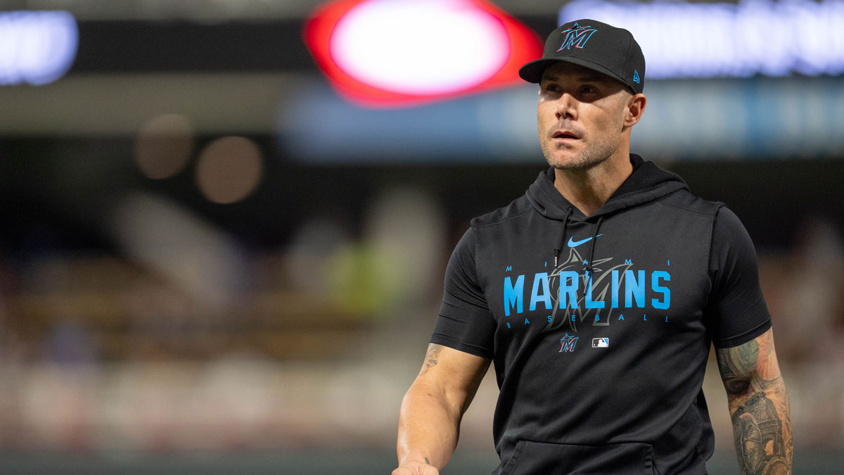 Miami Marlins manager Skip Schumaker (45) walks back to the dugout in the seventh inning at Target Field.