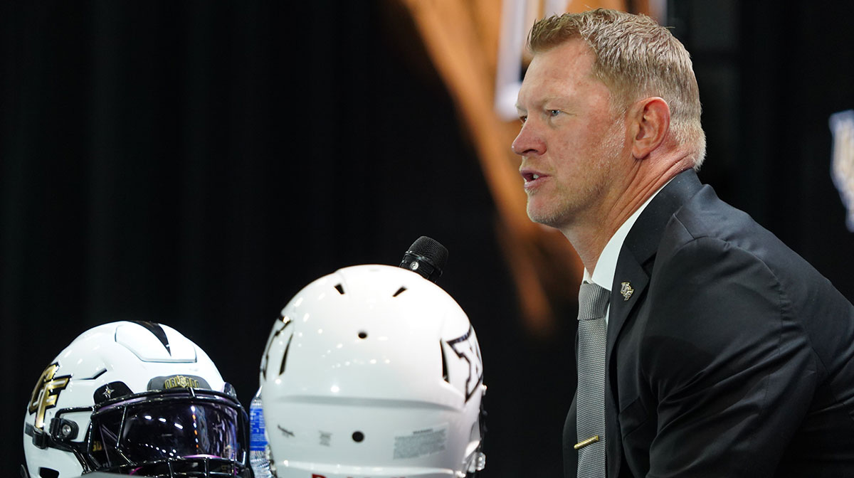 UCF head coach Scott Frost addresses the media during 2025 Big 12 Football Media Days at The Star.