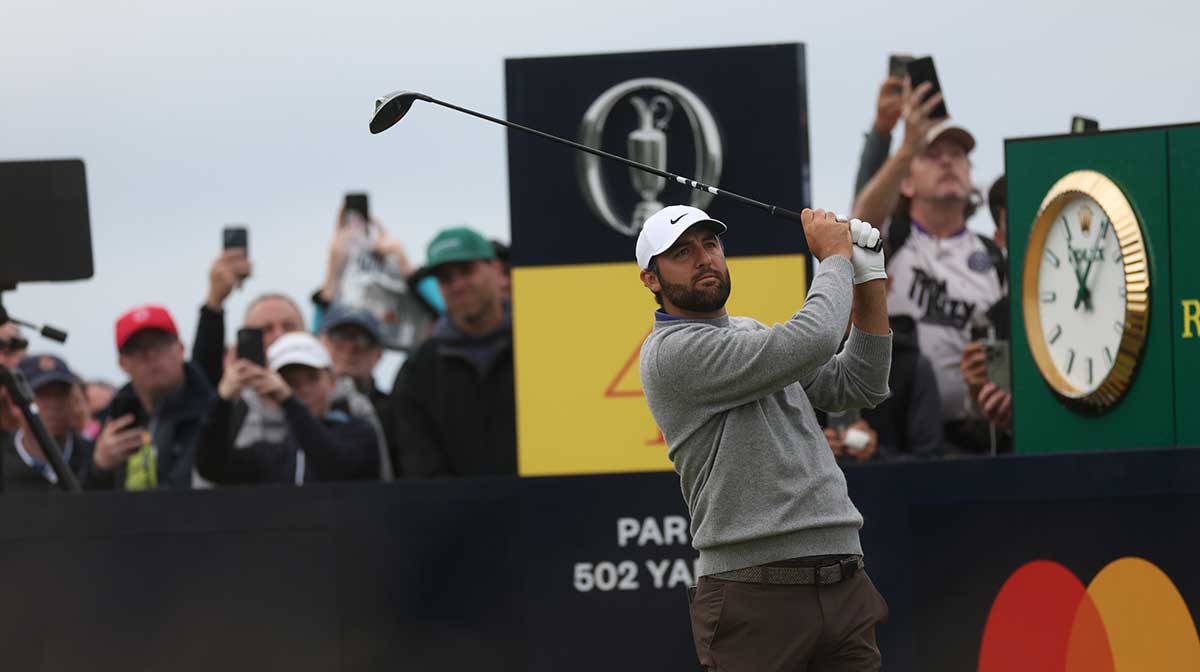 Scottie Scheffler tees off on the fourth hole during the first round of The 153rd Open Championship golf tournament at Royal Portrush.