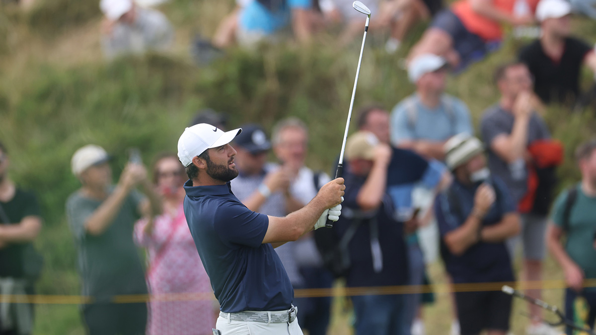 Scottie Scheffler hits on the tenth hole during the final round of The 153rd Open Championship golf tournament at Royal Portrush.