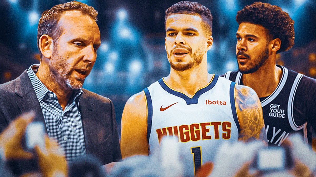 Sean Marks on the left side looking at Michael Porter Jr. and Cam Johnson on the right side