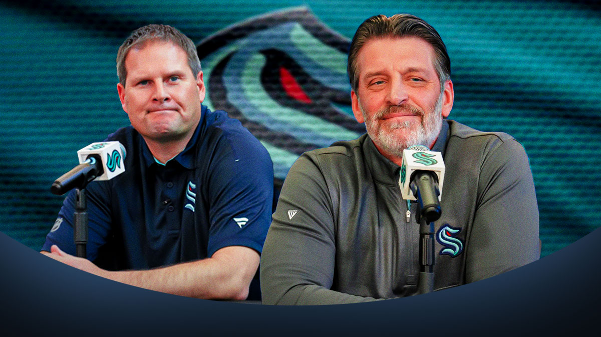 Jason Botterill and Lane Lambert with Kraken logo in between