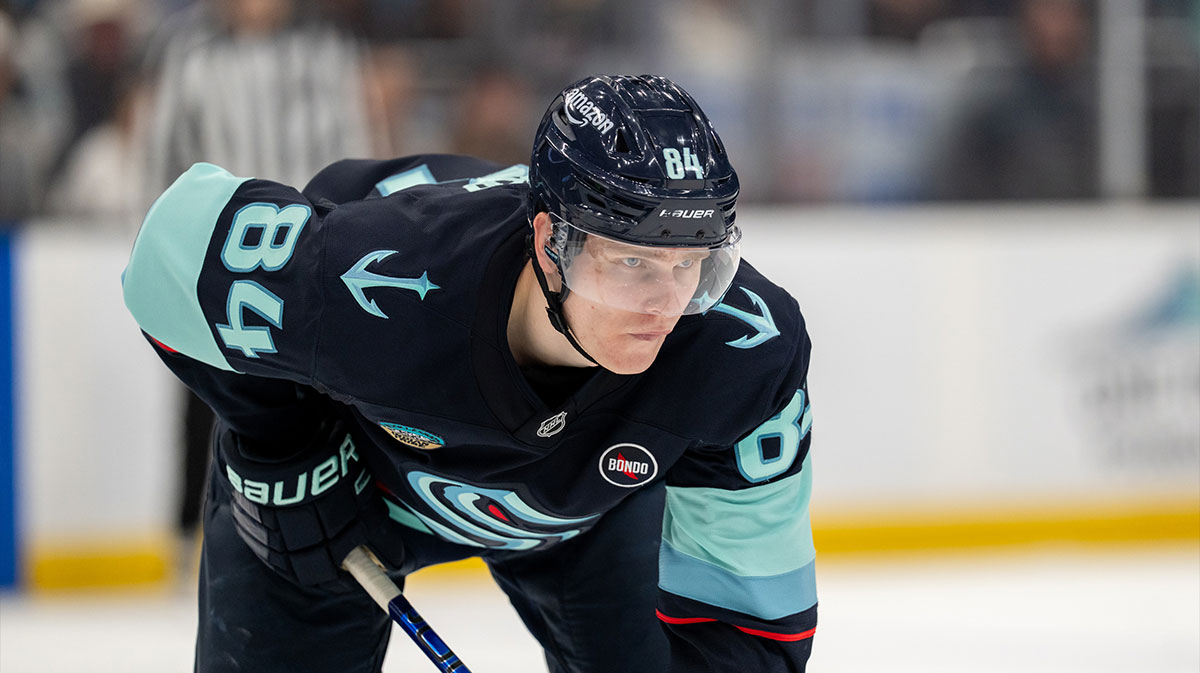 Seattle Kraken forward Kaapo Kakko (84) is pictured during a game against the Winnipeg Jets at Climate Pledge Arena.