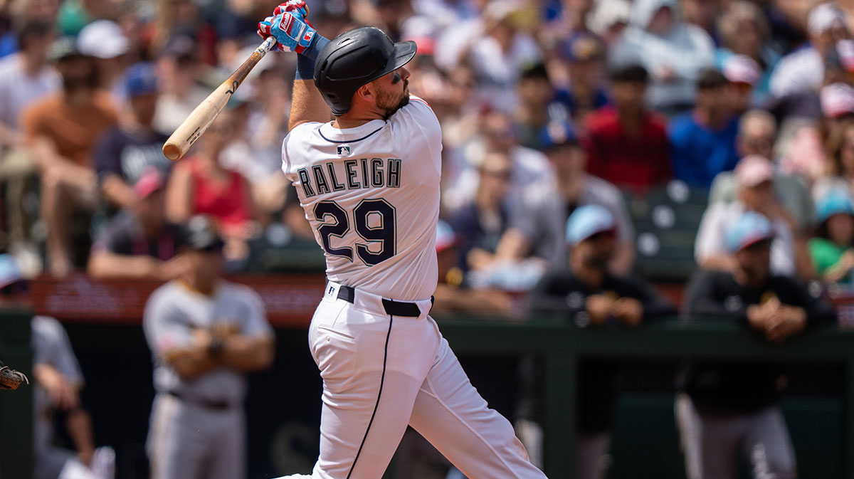 Seattle Mariners designated hitter Cal Raleigh (29) hits a solo home run during the sixth inning against the Pittsburgh Pirates at T-Mobile Park.