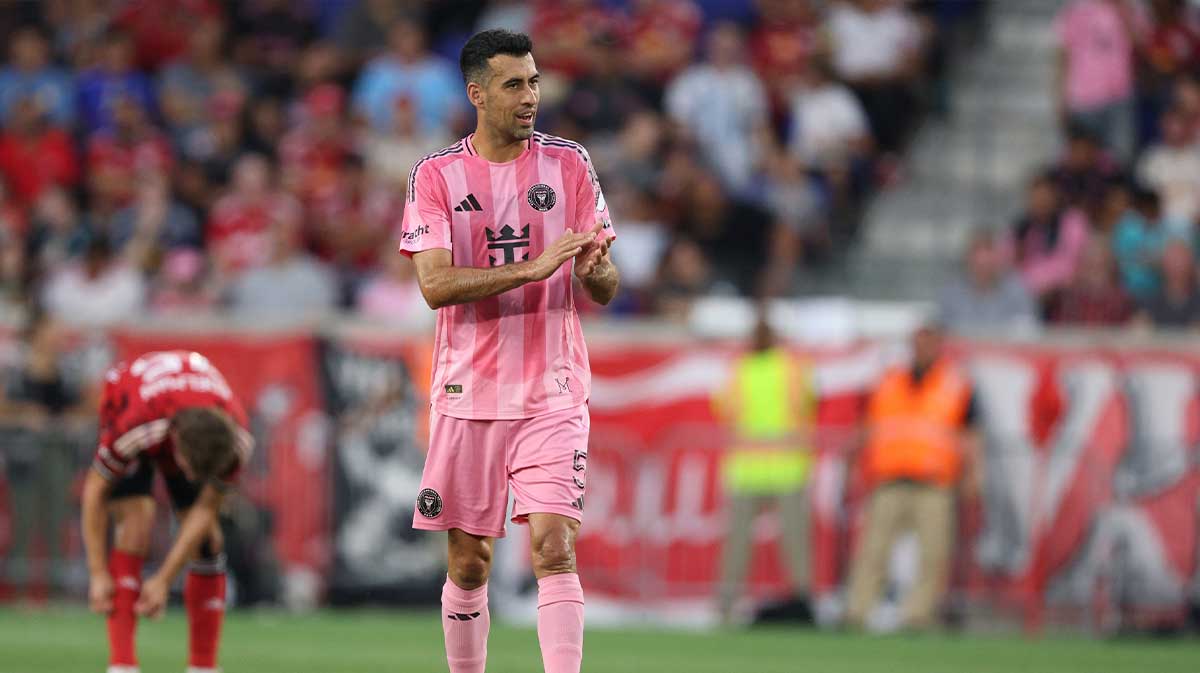 Inter Miami CF midfielder Sergio Busquets (5) reacts after his team goal against the New York Red Bulls during the first half at Sports Illustrated Stadium.