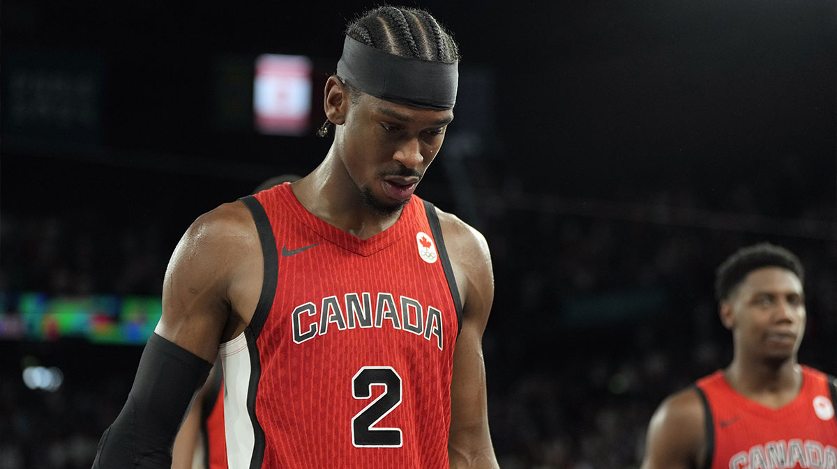 Canada guard Shai Gilgeous-Alexander (2) leaves the court after the loss against France in a men’s basketball quarterfinal game during the Paris 2024 Olympic Summer Games at Accor Arena.
