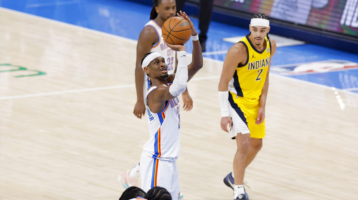 Oklahoma City Thunder guard Shai Gilgeous-Alexander (2) makes a free throw attempt against the Indiana Pacers during the fourth quarter during game one of the 2025 NBA Finals at Paycom Center.