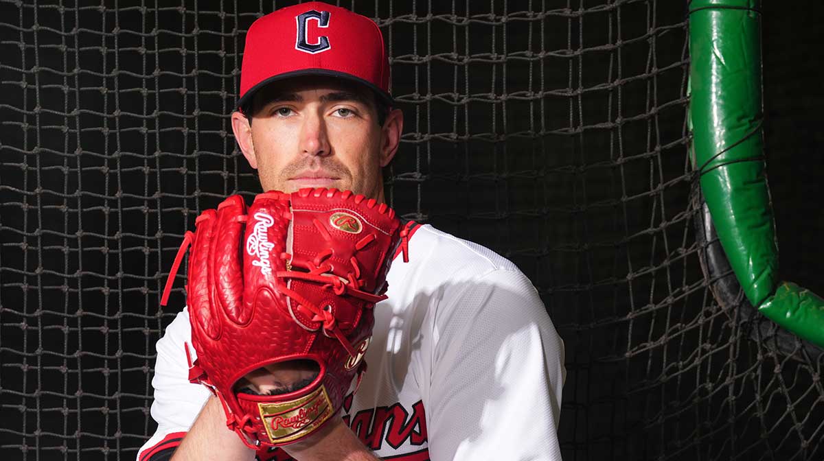 Cleveland Guardians pitcher Shane Bieber (57) poses for a photo during MLB Media Day at Cleveland Guardians Spring Training Facility.