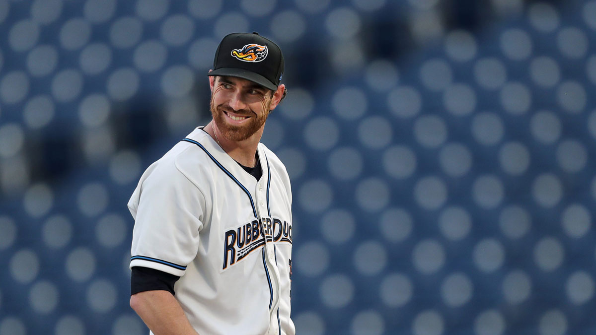 Guardians pitcher Shane Bieber smiles as he takes the mound during the first inning of a rehab start for the Akron RubberDucks on Sept. 12, 2023, at Canal Park.