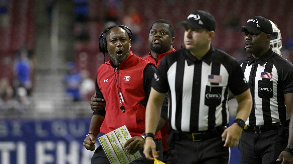DC Defenders head coach Shannon Harris reacts to a penalty called during the during the second quarter of the XFL Conference Championship