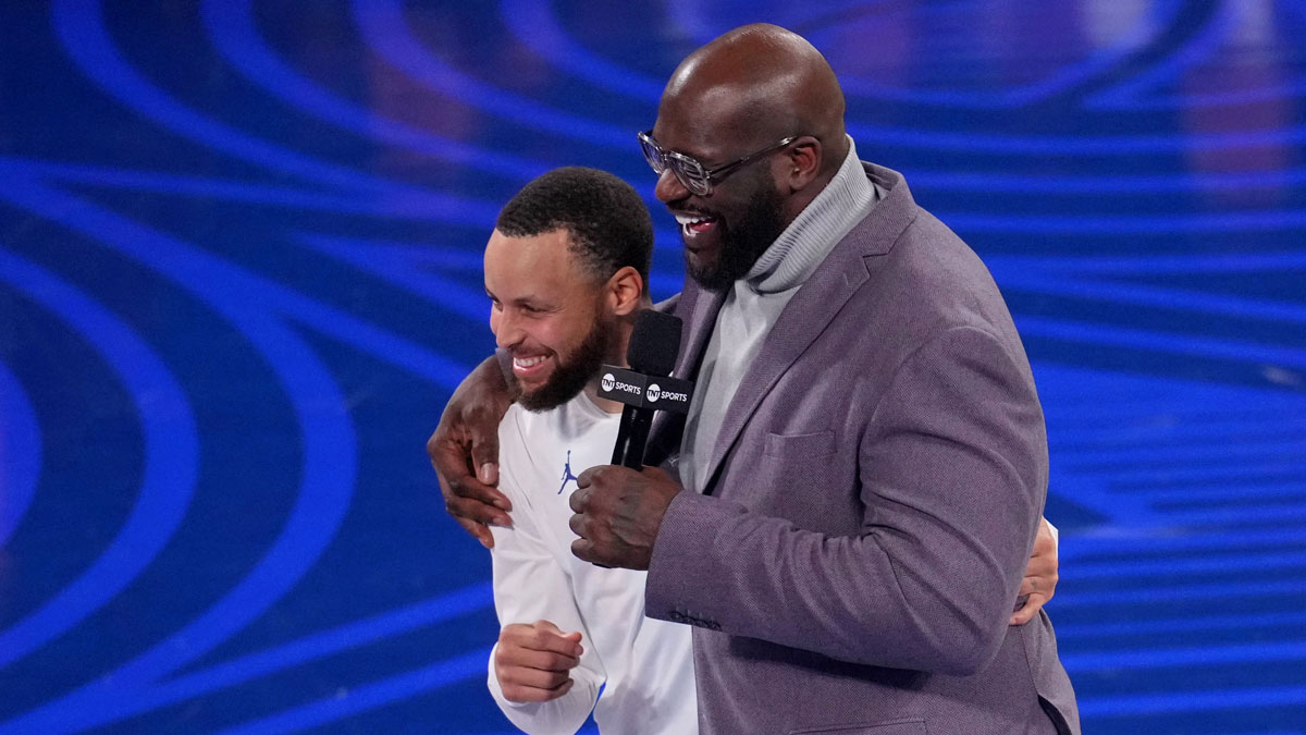 Shaq's OGs guard Stephen Curry (30) of the Golden State Warriors with general manager Shaquille OíNeal during the 2025 NBA All Star Game at Chase Center.