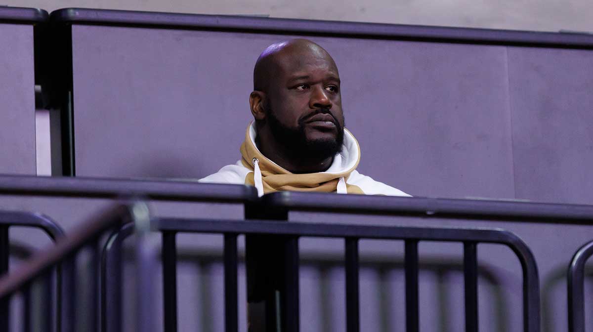 Former NBA player Shaquille O'Neal sits courtside during the first half between the Florida Gators and the LSU Tigers at Exactech Arena at the Stephen C. O'Connell Center.