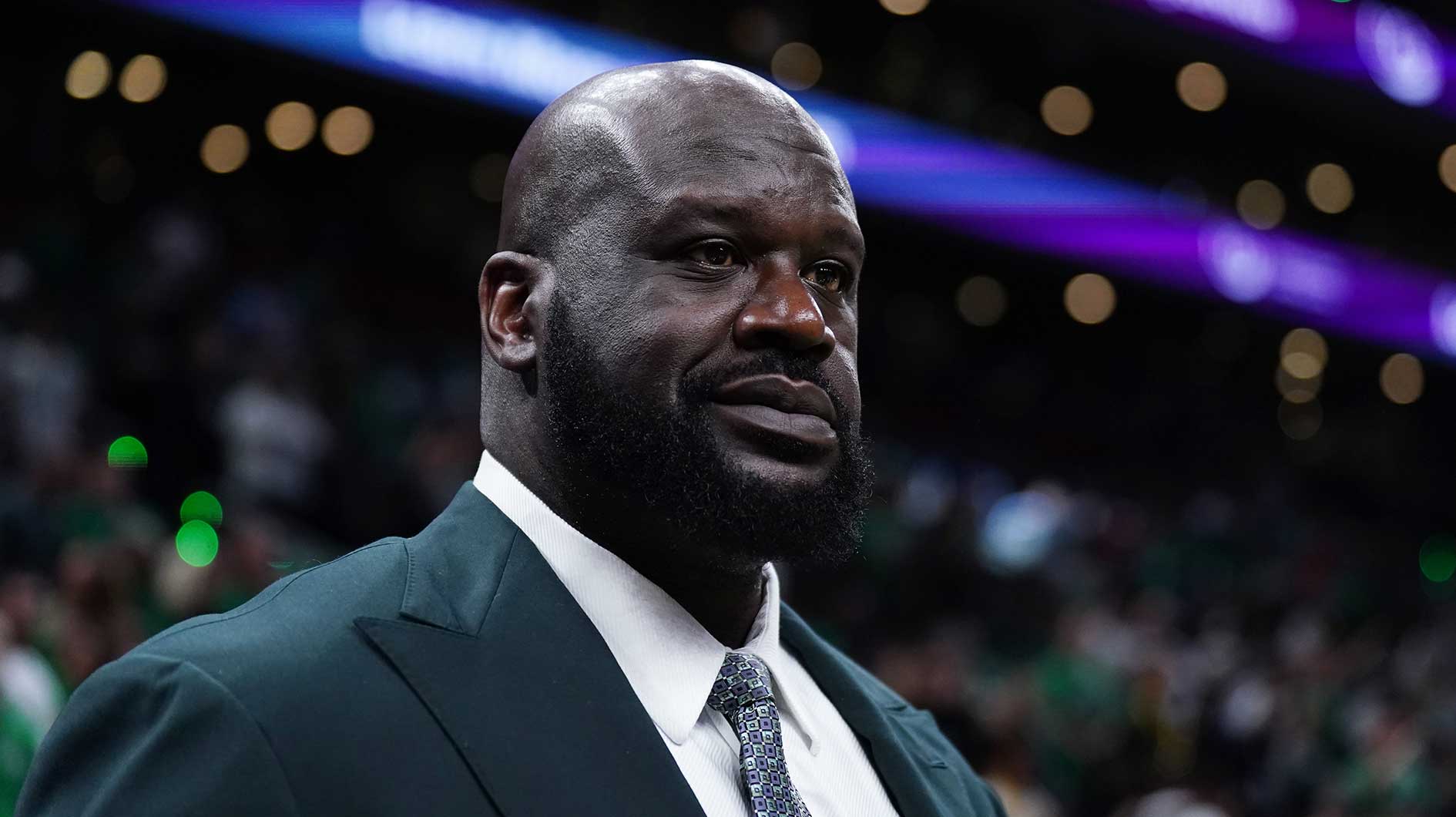 Shaquille O'Neal looks on before the game between the Boston Celtics and the Dallas Mavericks in game one of the 2024 NBA Finals at TD Garden.