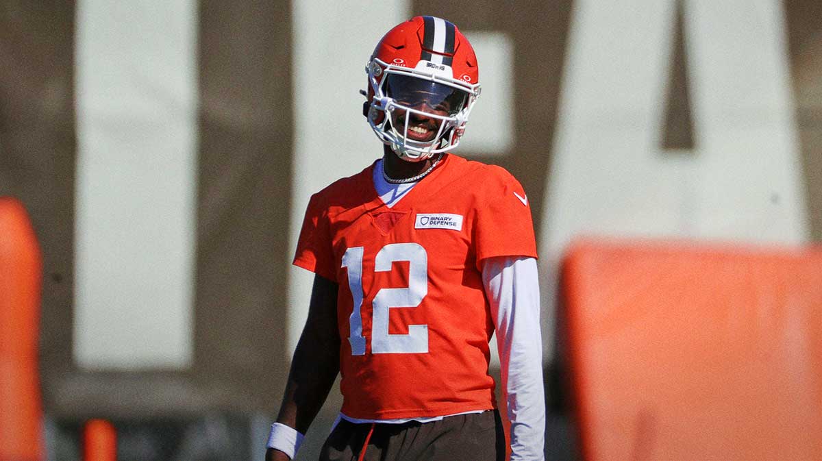 Cleveland Browns quarterback Shedeur Sanders (12) jokes around during NFL training camp practice at the Cleveland Browns training facility, Wednesday, July 23, 2025, in Berea, Ohio.