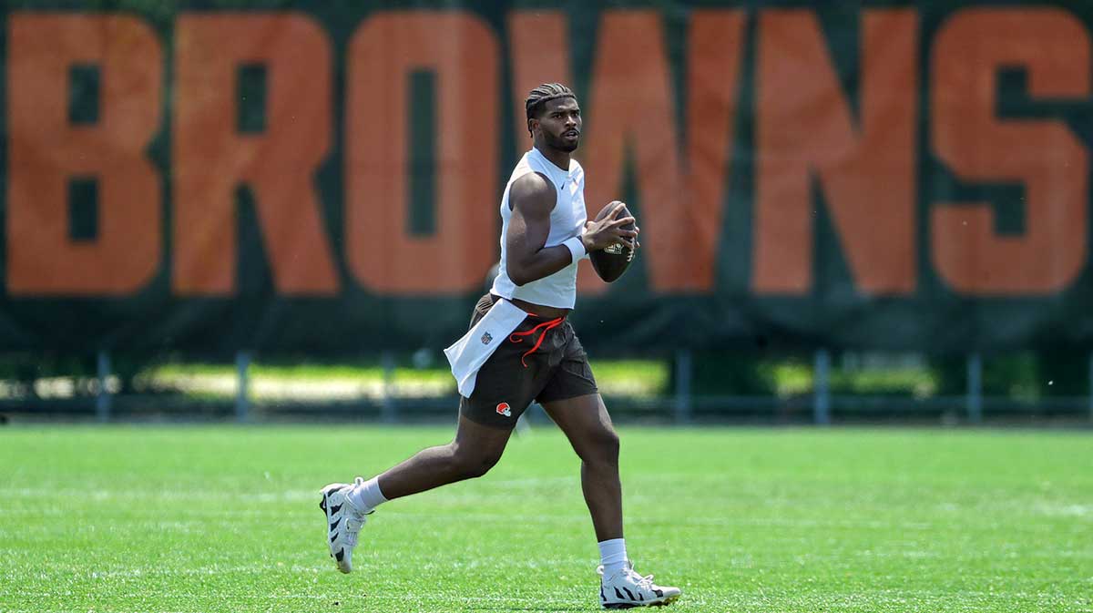 Cleveland Browns quarterback Shedeur Sanders puts in extra work after practice during NFL minicamp, Wednesday, June 11, 2025, in Berea, Ohio.