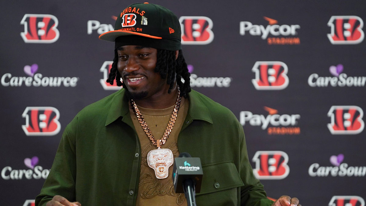 Cincinnati Bengals first-round draft pick Shemar Stewart speaks during a press conference, Friday, April 25, 2025, at Paycor Stadium in Downtown Cincinnati.