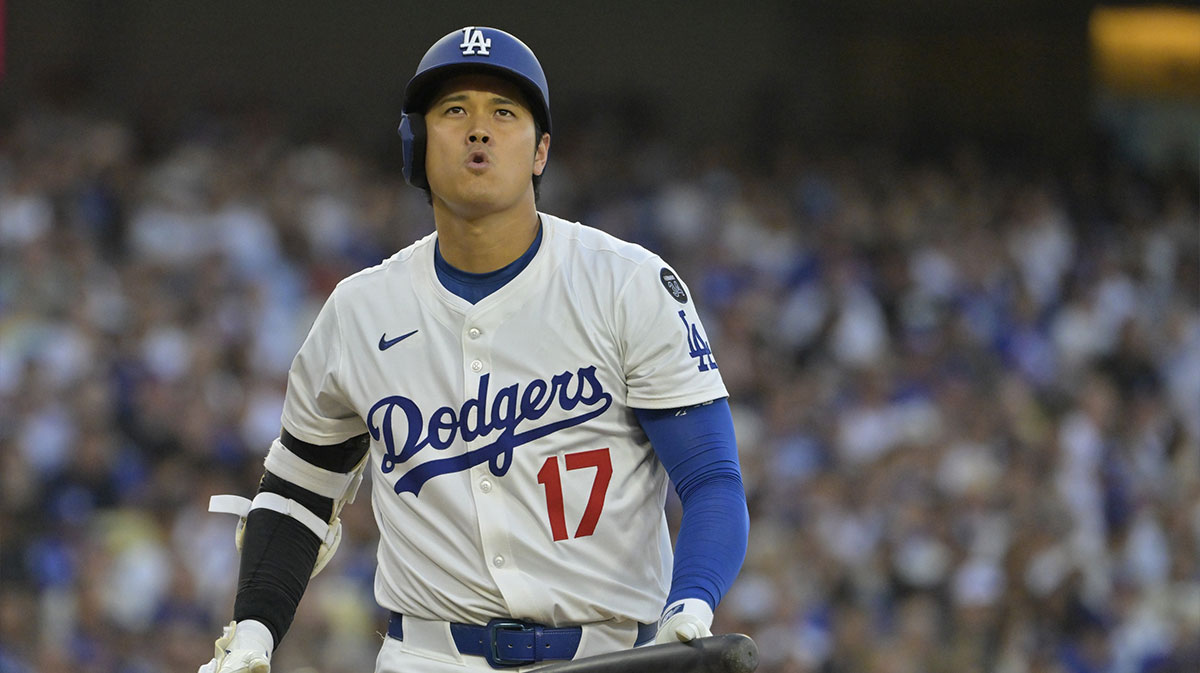 Los Angeles Dodgers designated hitter Shohei Ohtani (17) at bat in the fifth inning against the Houston Astros at Dodger Stadium.