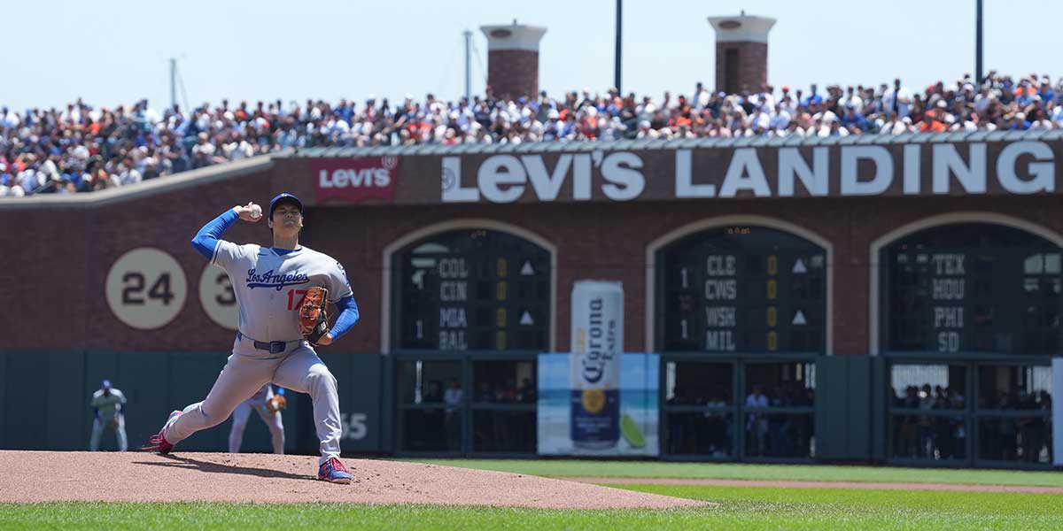 Jul 12, 2025; San Francisco, California, USA; Los Angeles Dodgers starting pitcher Shohei Ohtani (17) throws a pitch against the San Francisco Giants during the first inning at Oracle Park. 
