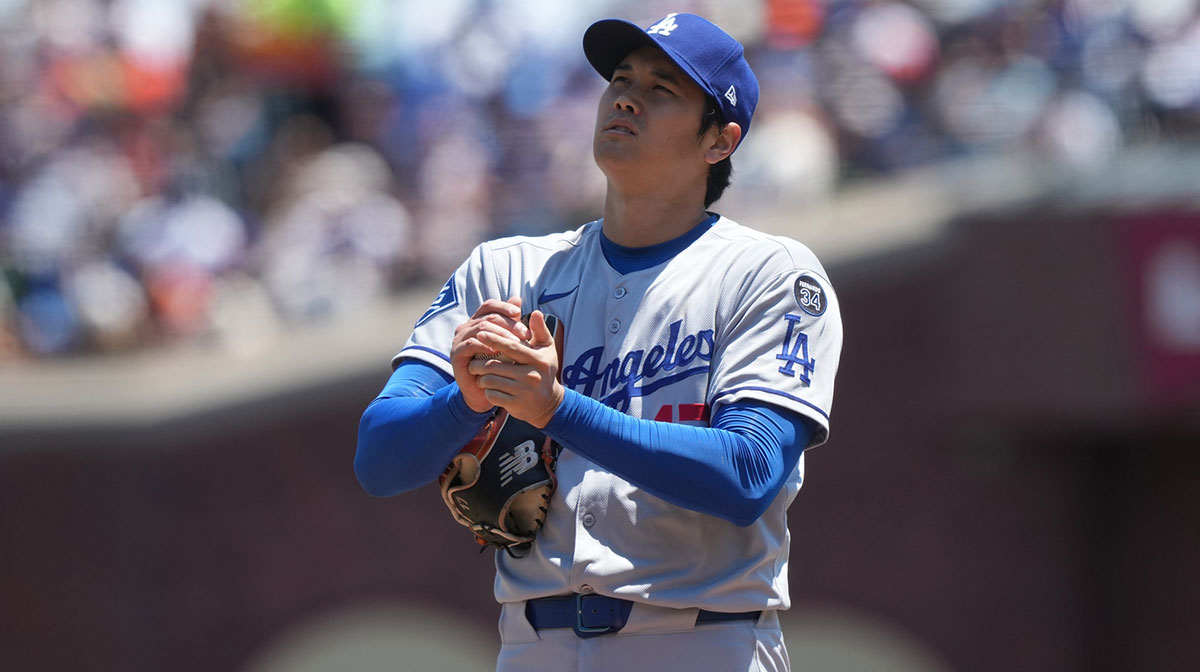Los Angeles Dodgers starting pitcher Shohei Ohtani (17) stands on the mound during the second inning against the San Francisco Giants at Oracle Park.