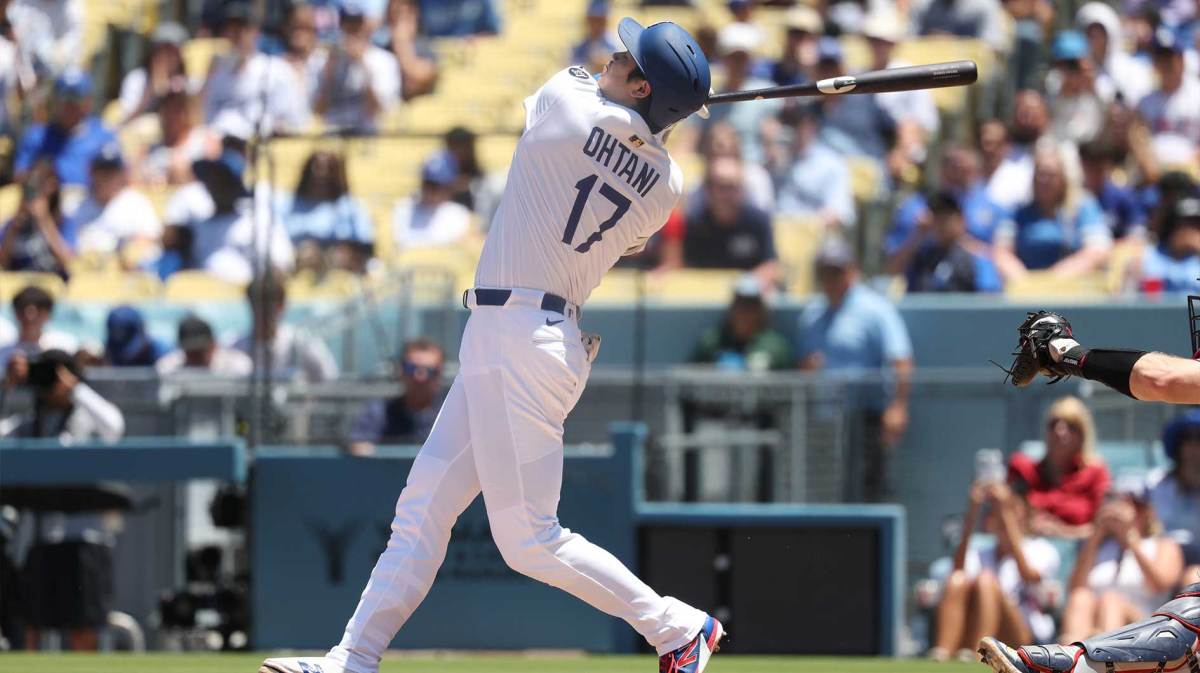 Los Angeles Dodgers designated hitter Shohei Ohtani (17) strikes out during the third inning against the Minnesota Twins at Dodger Stadium