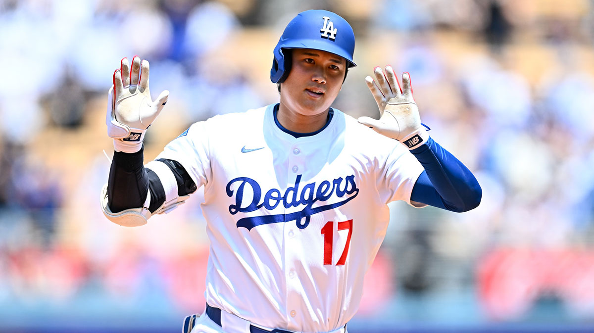 Los Angeles Dodgers designated hitter Shohei Ohtani (17) rounds the bases after hitting a two-run home run against the Milwaukee Brewers during the third inning of the game at Dodger Stadium.