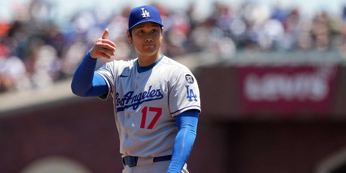 Jul 12, 2025; San Francisco, California, USA; Los Angeles Dodgers starting pitcher Shohei Ohtani (17) gestures during the second inning against the San Francisco Giants at Oracle Park. Mandatory Credit: Darren Yamashita-Imagn Images