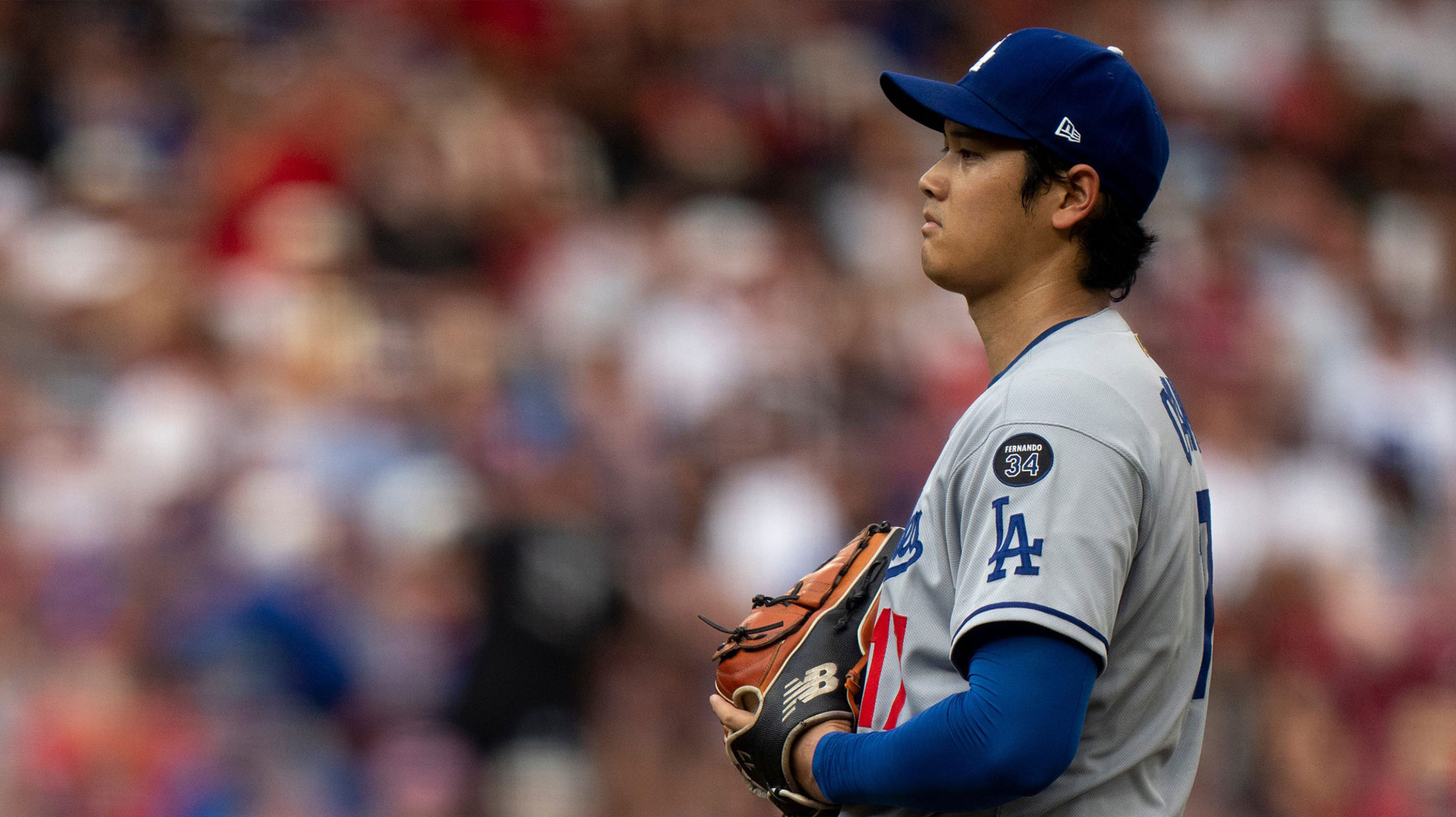 Los Angeles Dodgers designated hitter Shohei Ohtani (17) stands at the mound in the first inning between Cincinnati Reds and Los Angeles Dodgers at Great American Ball Park