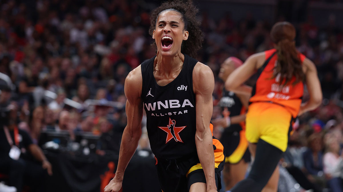 Team Collier guard Skylar Diggins (4) reacts in the fourth quarter against Team Clark in the 2025 WNBA All Star Game at Gainbridge Fieldhouse.