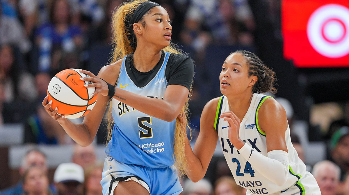 Lynx forward Napheesa Collier (24) defends Chicago Sky forward Angel Reese (5) in the fourth quarter at Target Center