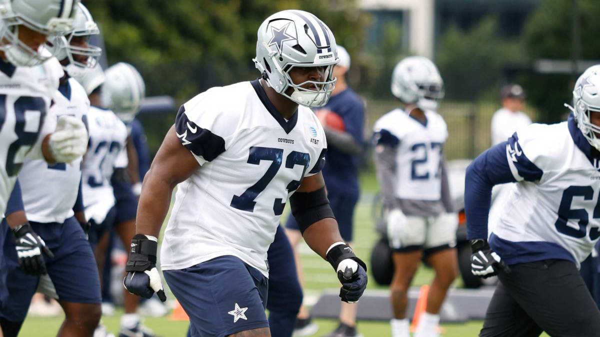 Dallas Cowboys guard Tyler Smith (73) goes through a drill during practice at the Ford Center at the Star Training Facility in Frisco, Texas.