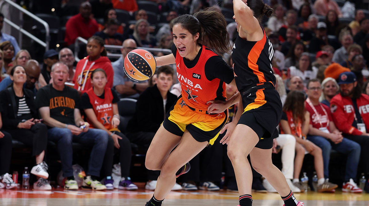 Team Clark guard Sonia Citron (22) controls the ball against Team Collier guard Kelsey Plum (10) in the third quarter during the 2025 WNBA All Star Game at Gainbridge Fieldhouse.