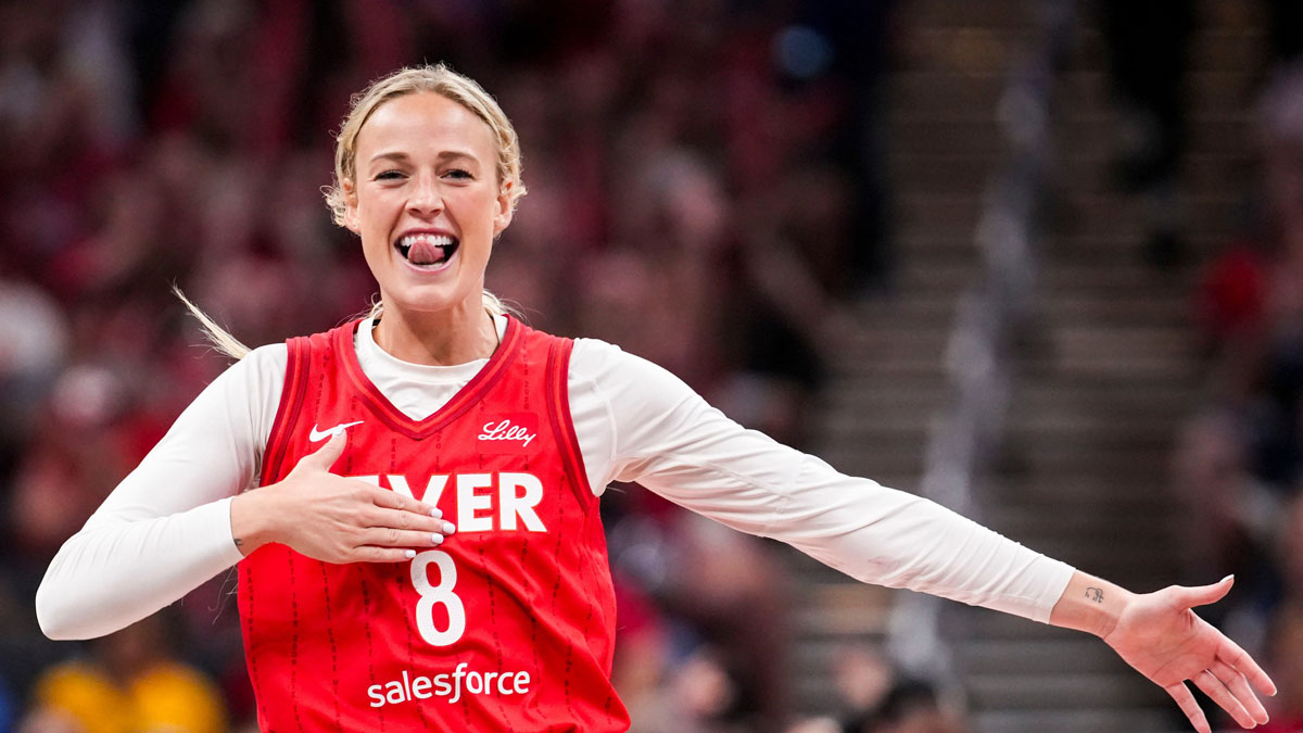 Indiana Fever guard Sophie Cunningham (8) celebrates Friday, July 11, 2025, during a game between the Indiana Fever and the Atlanta Dream at Gainbridge Fieldhouse in Indianapolis. The Indiana Fever defeated the Atlanta Dream, 99-82.