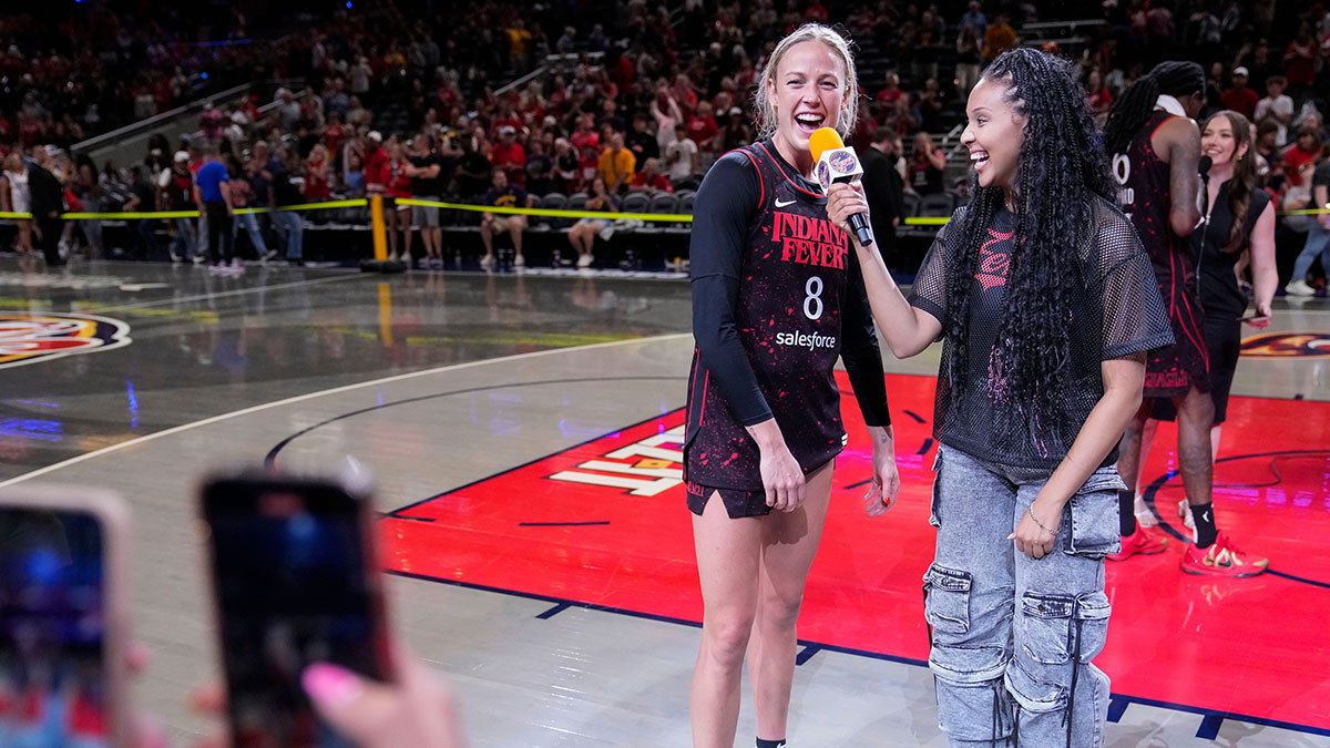 Indiana Fever guard Sophie Cunningham (8) is interviewed after the game Thursday, July 24, 2025, during the game at Gainbridge Fieldhouse in Indianapolis.