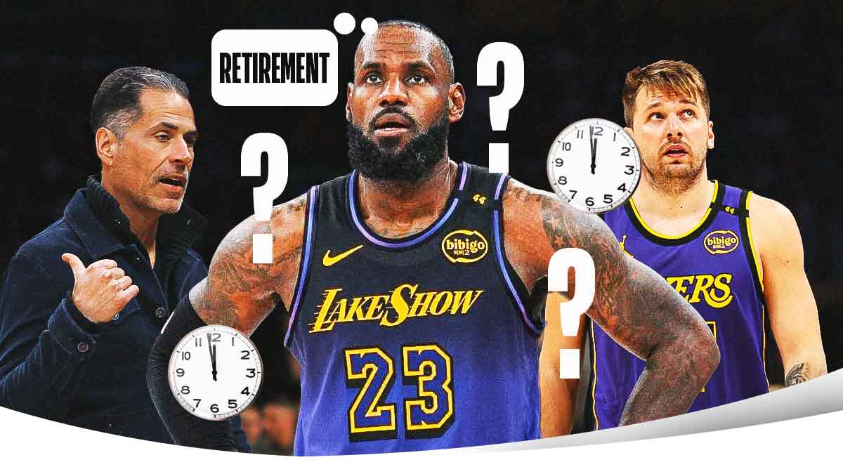 Lakers' LeBron James with clocks, question marks, and "retirement?" hanging over him