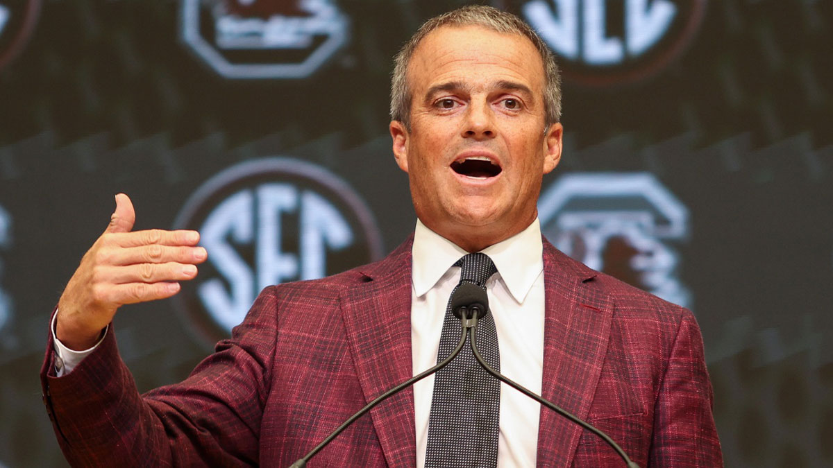 South Carolina Gamecocks head coach Shane Beamer talks to the media during SEC Media Day at Omni Atlanta Hotel.