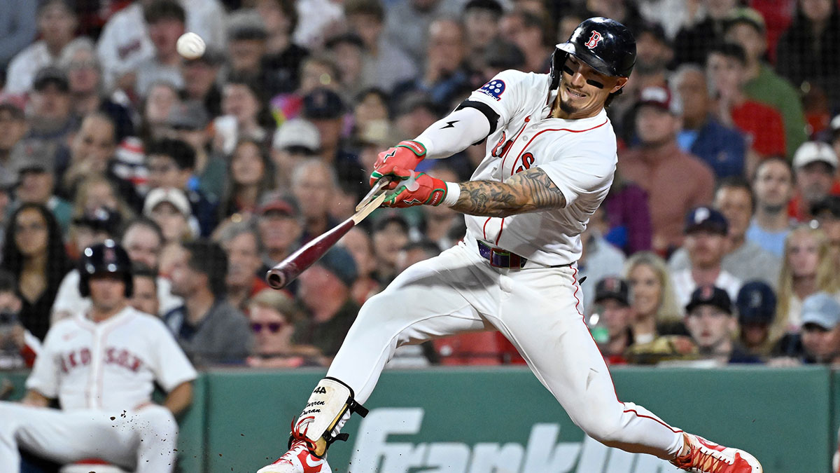 Boston Red Sox left fielder Jarren Duran (16) breaks his bat during the seventh inning against the Tampa Bay Rays at Fenway Park.