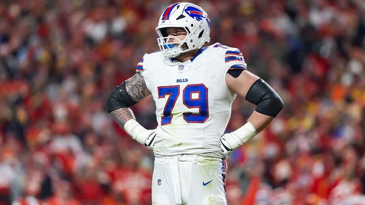 Buffalo Bills offensive tackle Spencer Brown (79) against the Kansas City Chiefs during the AFC Championship game at GEHA Field at Arrowhead Stadium. 