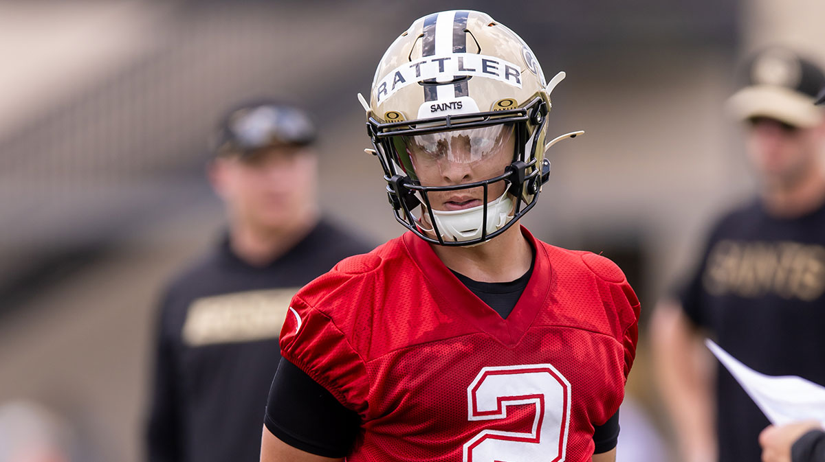 New Orleans Saints quarterback Spencer Rattler (2) looks on during minicamp at Ochsner Sports Performance Center.