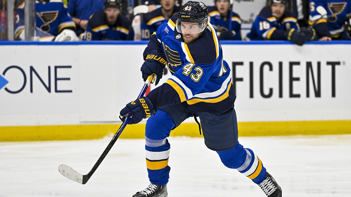 St. Louis Blues defenseman Calle Rosen (43) shoots against the Toronto Maple Leafs during the second period at Enterprise Center.