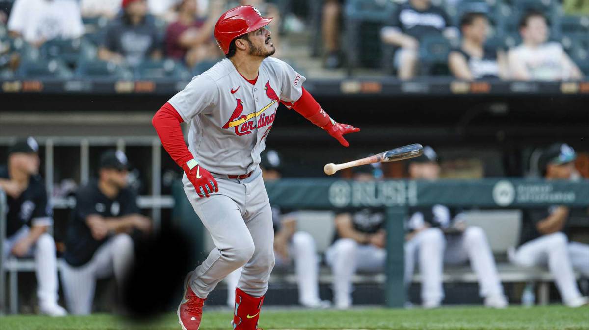 St. Louis Cardinals third baseman Nolan Arenado (28) hits a solo home run against the Chicago White Sox during the third inning of game two of a doubleheader at Rate Field. Harlan