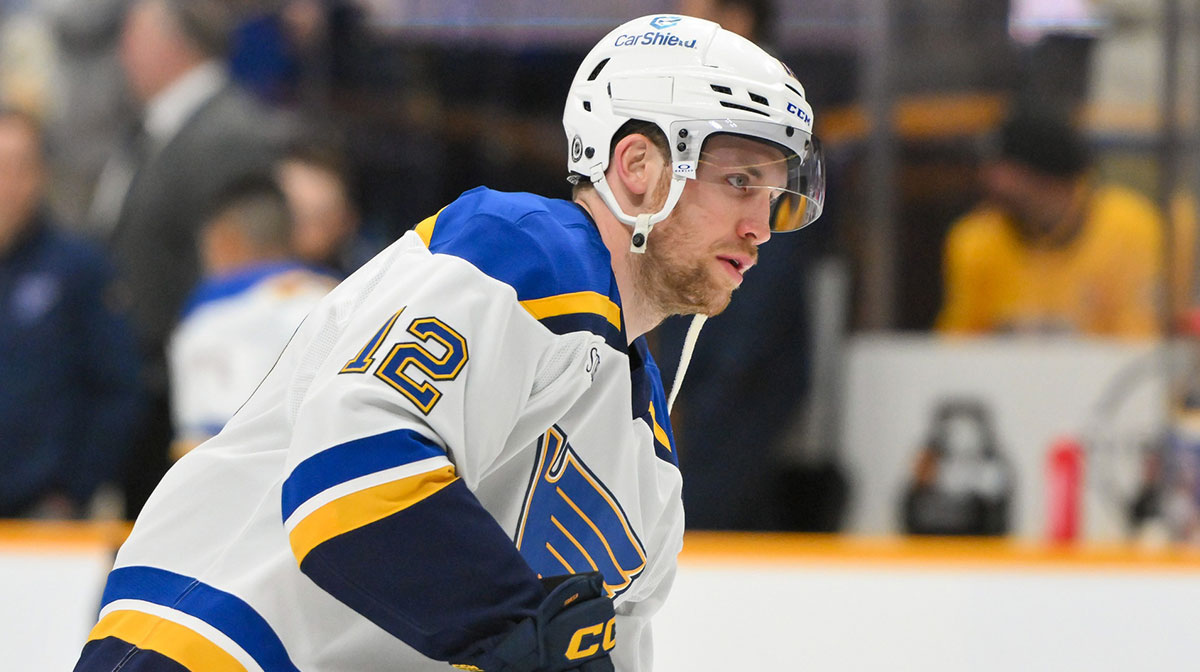 Mar 27, 2025; Nashville, Tennessee, USA; St. Louis Blues center Radek Faksa (12) warms up before a game against the Nashville Predators at Bridgestone Arena. Mandatory Credit: Steve Roberts-Imagn Images