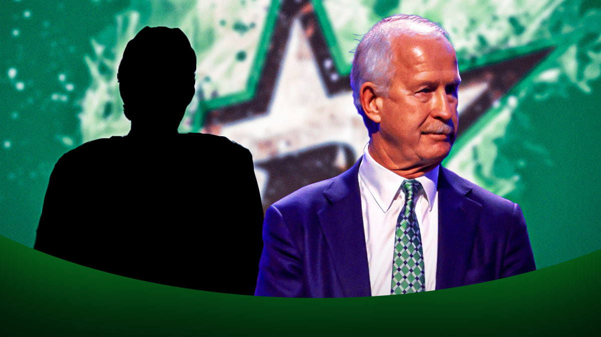 Jim Nill (Stars GM) with a Mystery player, Stars logo in the background.