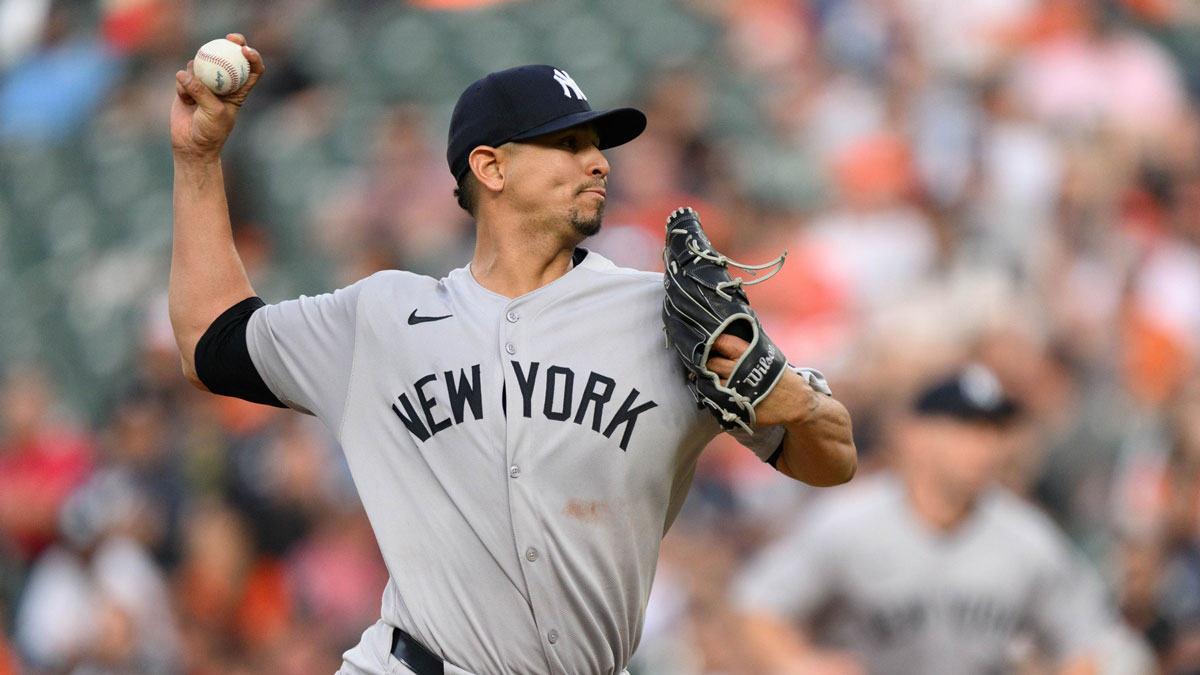New York Yankees pitcher Carlos Carrasco (59) throws a pitch during the second inning against the Baltimore Orioles at Oriole Park at Camden Yards.