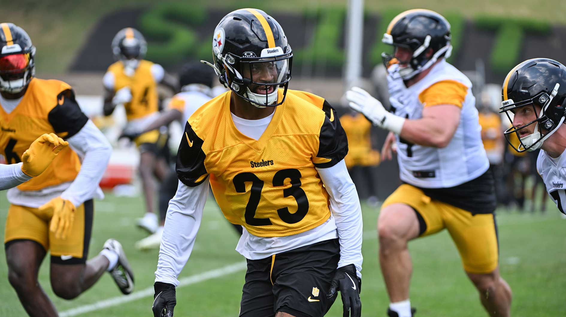 Pittsburgh Steelers cornerback Darius Slay (23) participates in drills during training camp at Saint Vincent College.