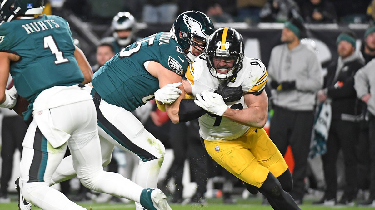Philadelphia Eagles offensive tackle Lane Johnson (65) battles with Pittsburgh Steelers linebacker T.J. Watt (90) during the second quarter at Lincoln Financial Field.