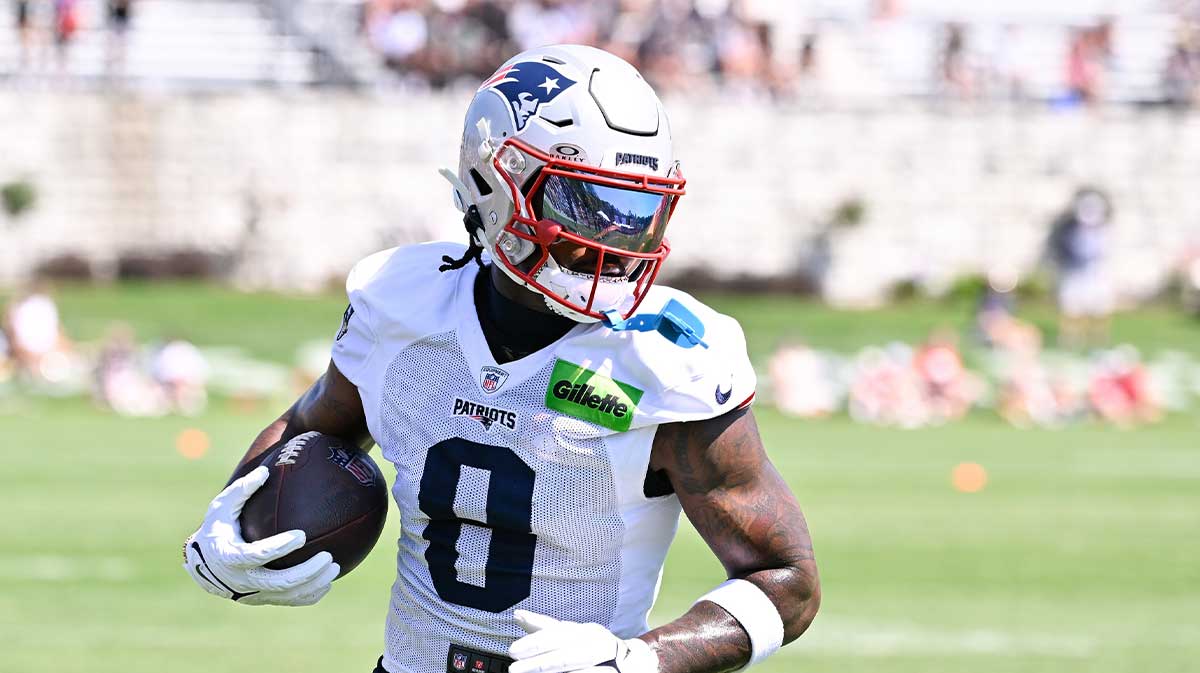 New England Patriots wide receiver Stefon Diggs (8) runs after the catch during training camp at Gillette Stadium.
