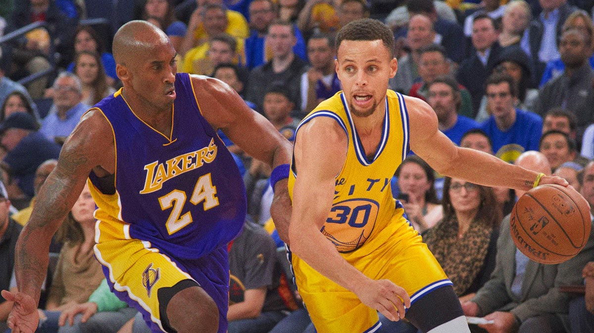 Golden State Warriors guard Stephen Curry (30) dribbles the basketball against Los Angeles Lakers forward Kobe Bryant (24) during the third quarter at Oracle Arena. The Warriors defeated the Lakers 111-77.