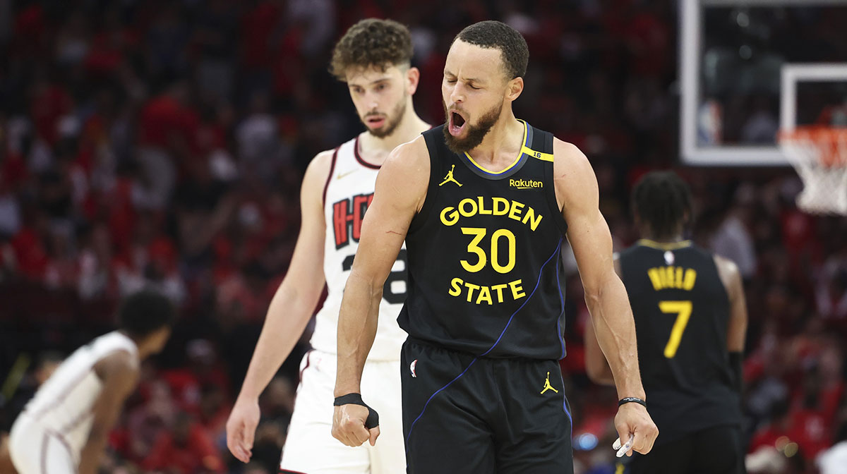 Golden State Warriors guard Stephen Curry (30) reacts after a play during game seven of the first round for the 2025 NBA Playoffs against the Houston Rockets at Toyota Center. 